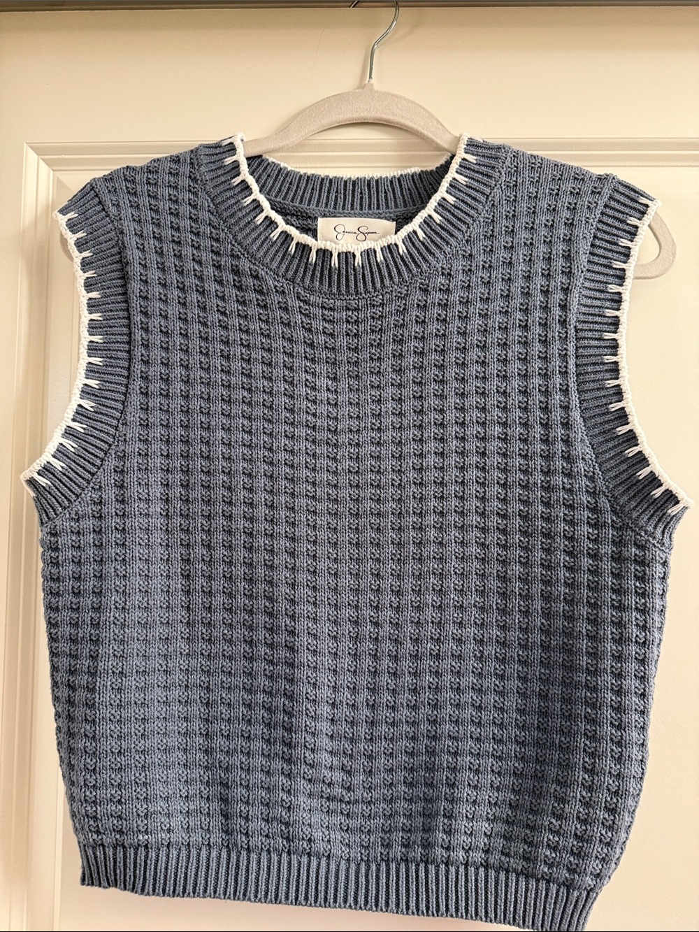 Jessica Simpson Blue Knit Sleeveless Crewneck Sweater with White Trim